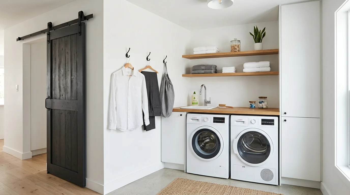 Add a hanging rod for immediate utility inspiration for a small laundry room.